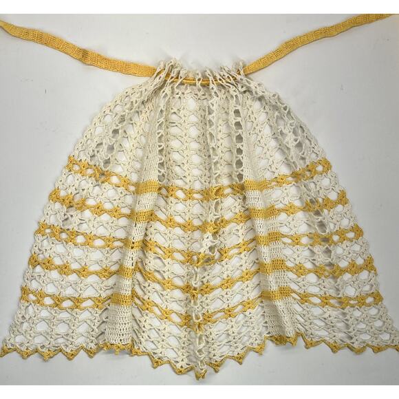 Vintage Crochet Half Apron Yellow Ivory Chevron Stripe Tie Back Halter Top - Picture 3 of 4